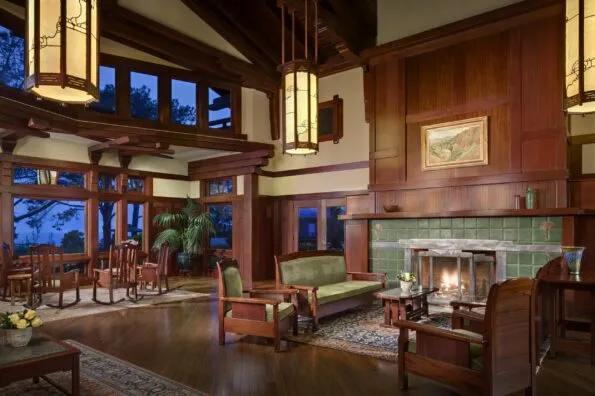 The Lodge at Torrey Pines lobby in 1900s California Craftsman-style