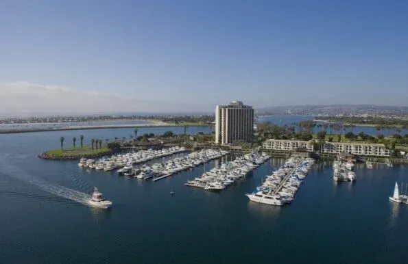 Aerial view of boats in the marina at Hyatt Regency Mission Bay.