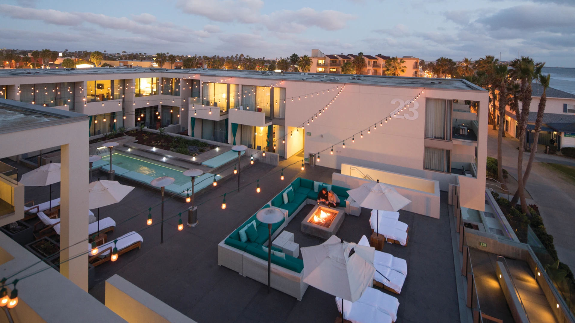 The hotel's Tower Deck outdoor lounge area.
