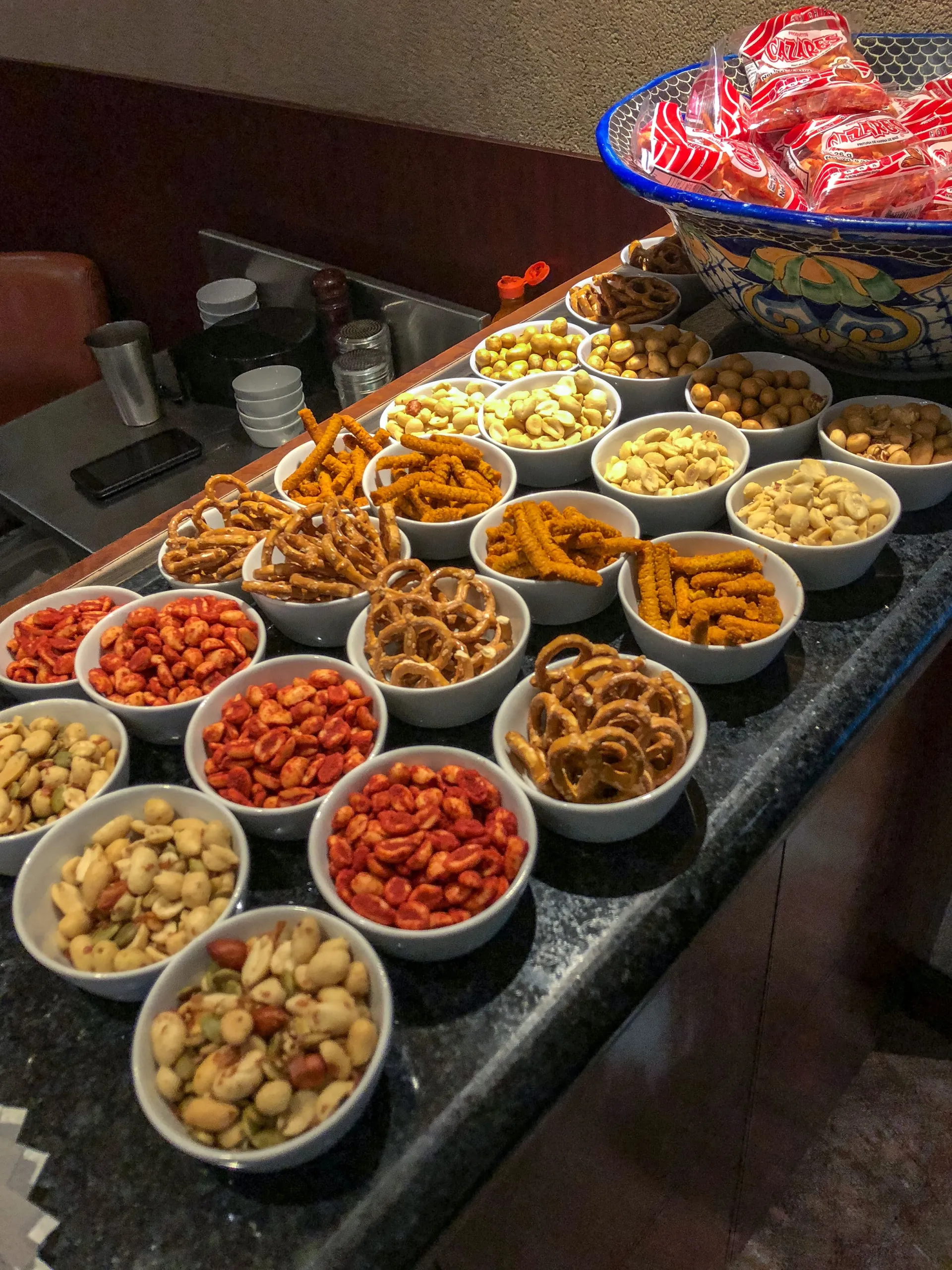 Bar snacks at the Admirals Club Mexico City airport lounge