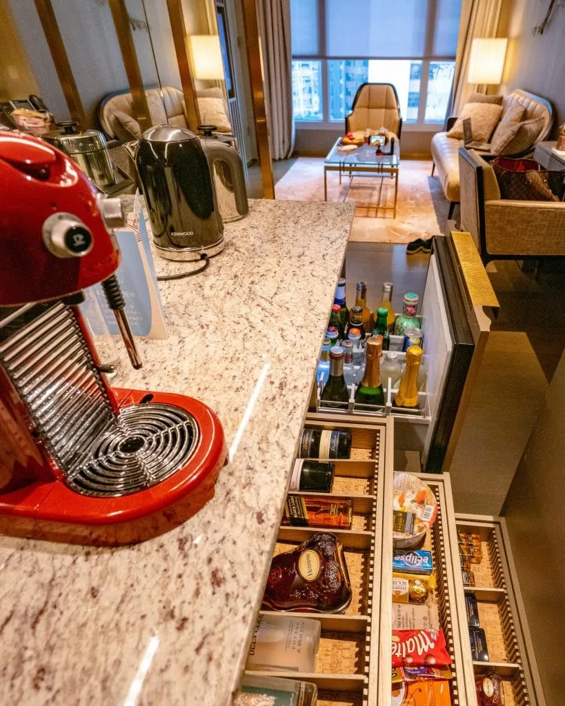 Generous mini bar at The Landmark Mandarin Oriental, Hong Kong hotel