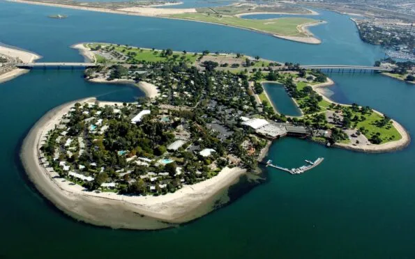 Aerial view of Paradise Point resort on San Diego's Mission Bay