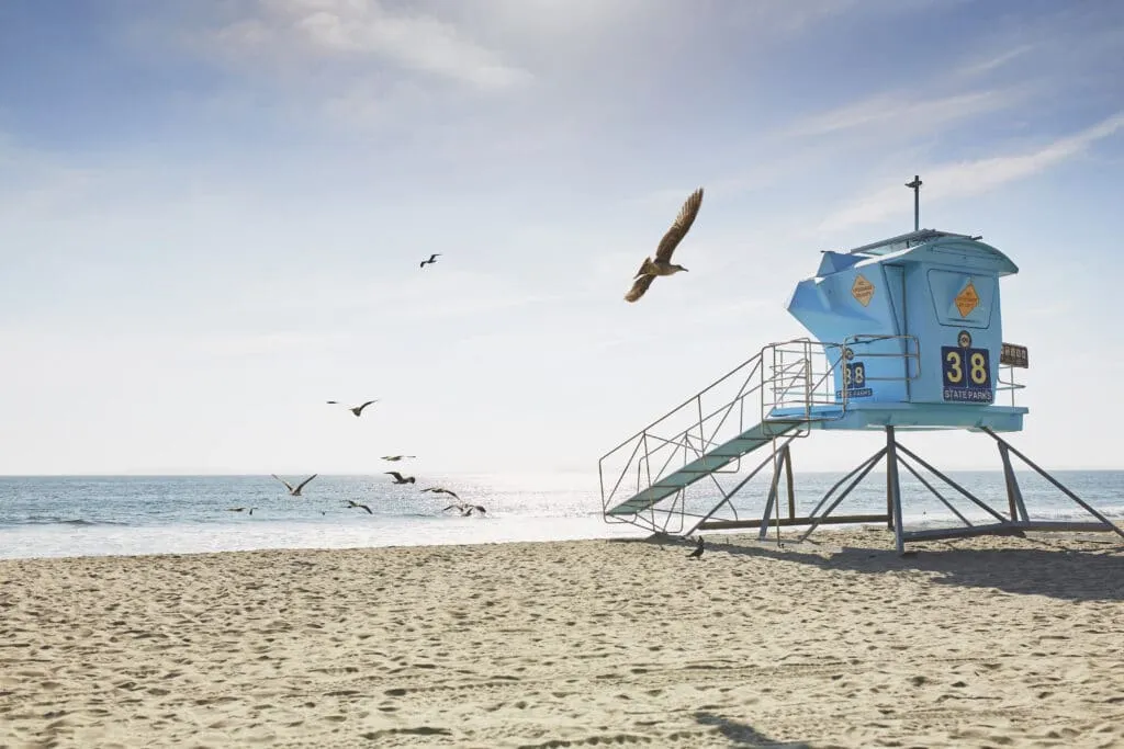 A lifeguard tower at Tamarack Beach in Carlsbad with birds flying in the background.