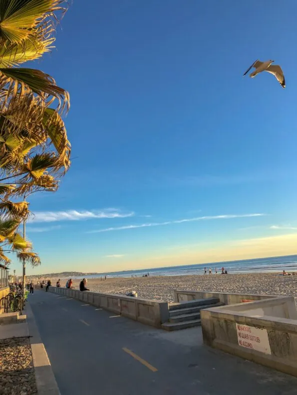The Pacific Beach boardwalk during golden hour in San Diego