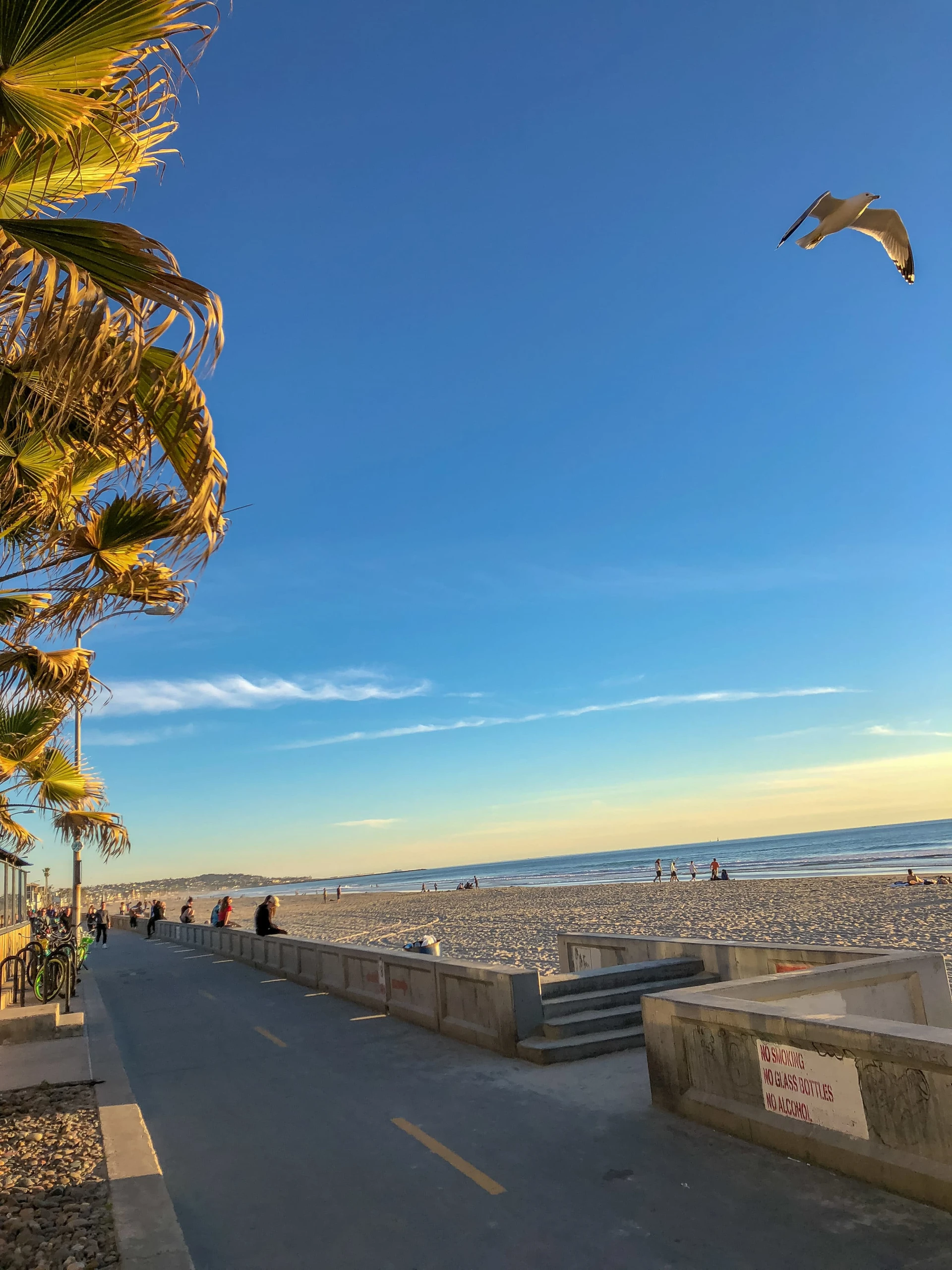 The Pacific Beach boardwalk during golden hour in San Diego