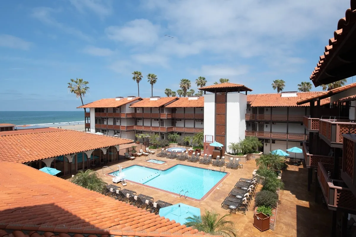 The outdoor pool at La Jolla Shores Hotel in San Diego, California