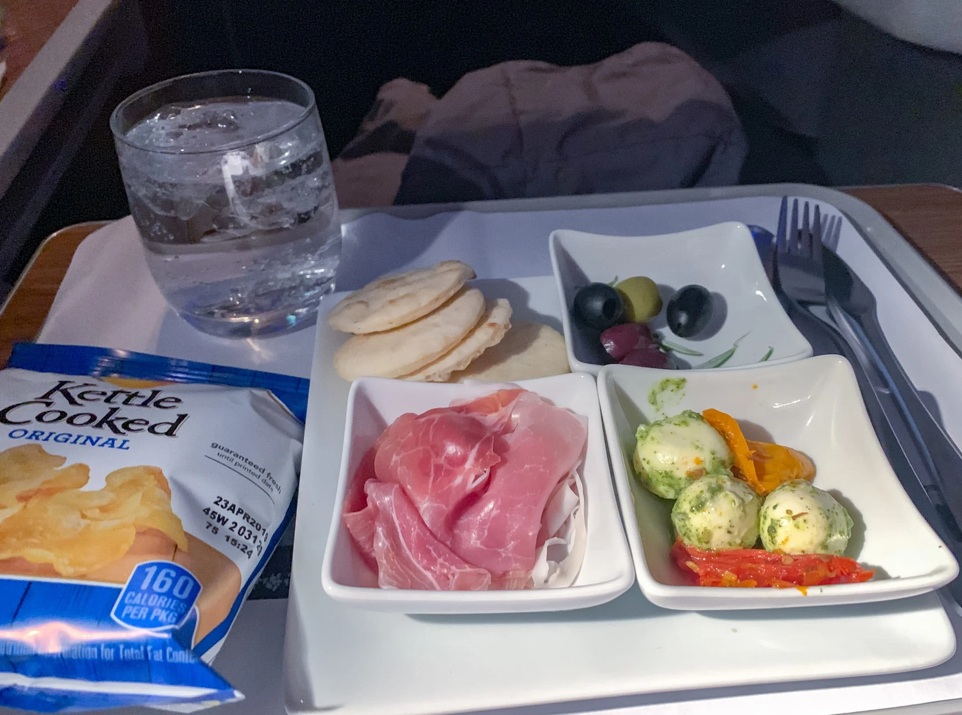 Antipasto plate on American Airlines business class from Los Angeles to Hong Kong
