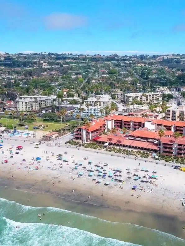 Aerial view of beachfront La Jolla Shores Hotel, a San Diego family hotel
