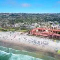 Aerial view of La Jolla Shores Hotel on the beach in San Diego