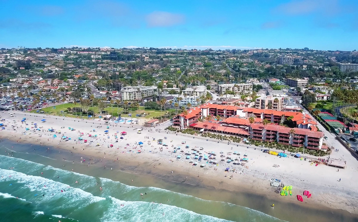 Aerial view of La Jolla Shores Hotel on the beach in San Diego