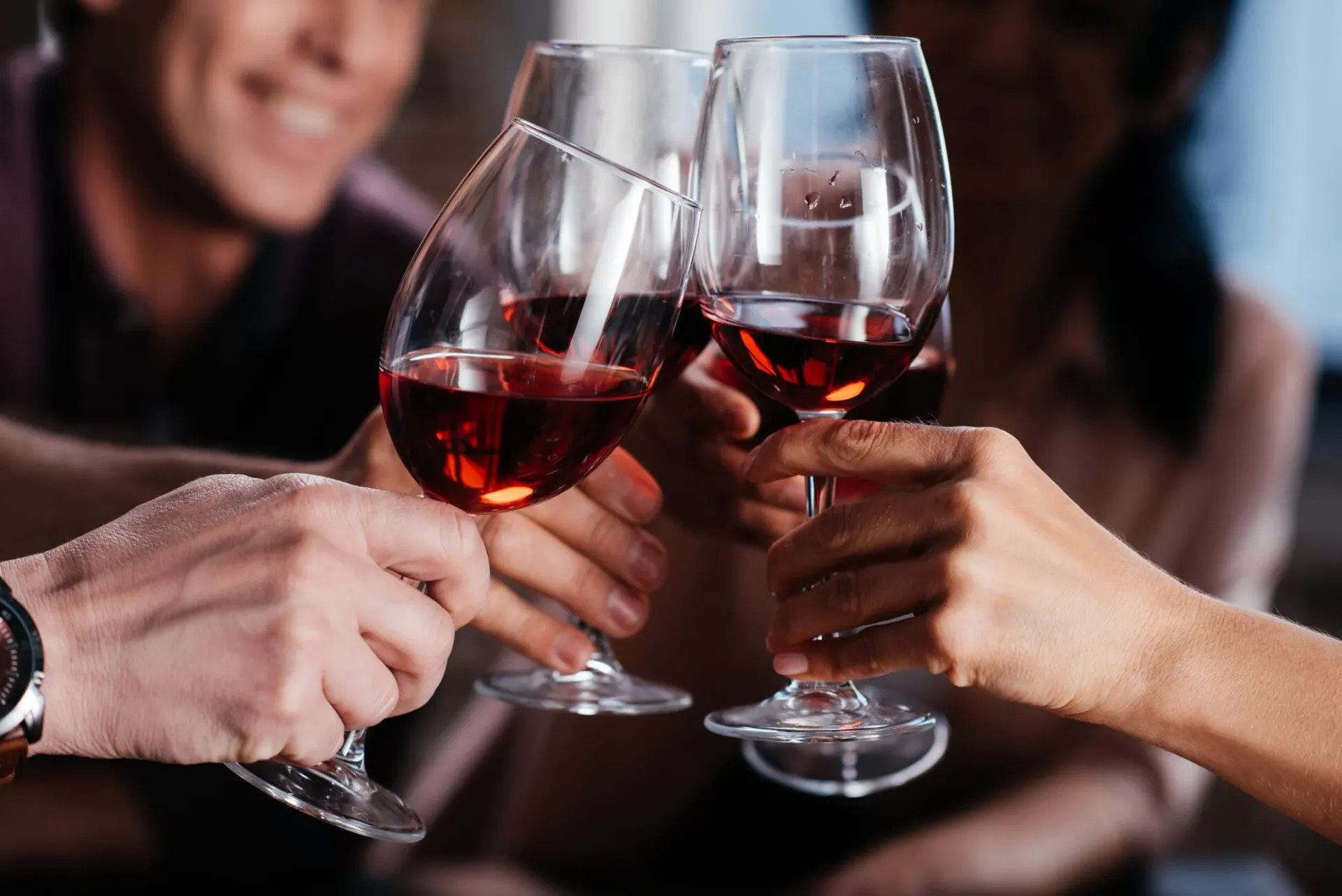 A group saying cheers with red wine in wine glasses.