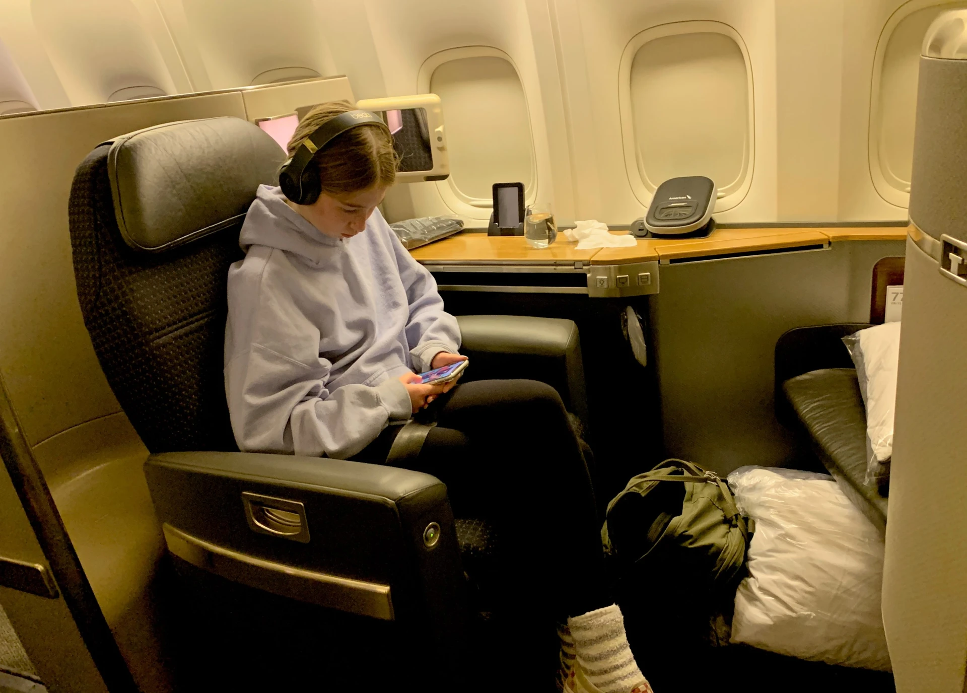 A first class seat on Flight 182 from HKG-LAX on American Airlines