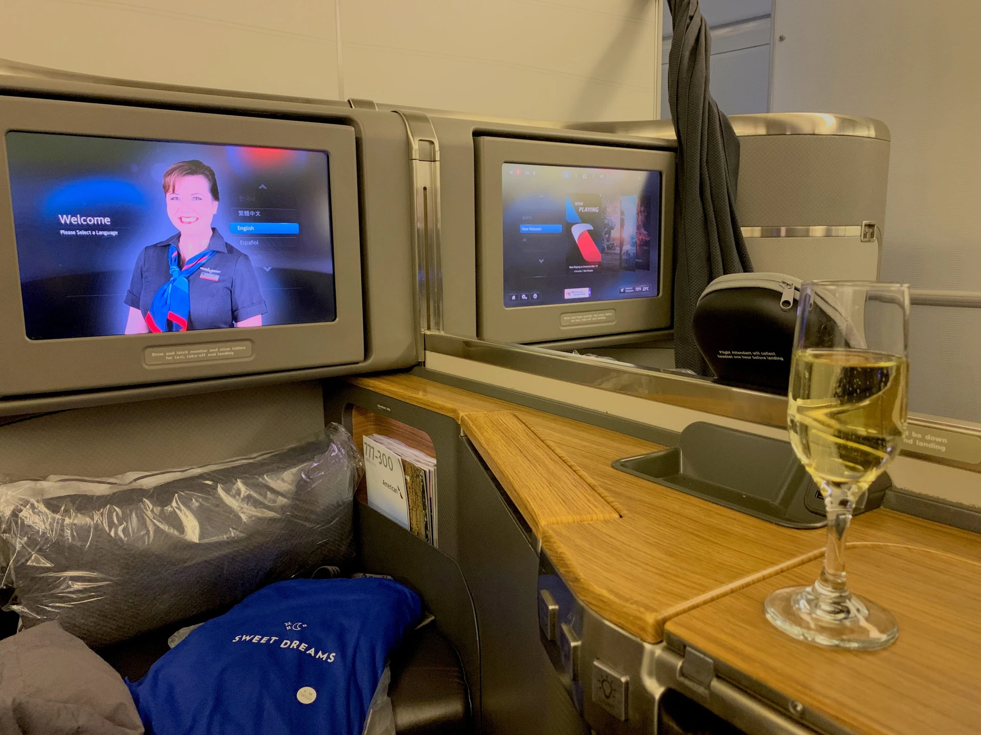 Welcome champagne on American Airlines 777-300