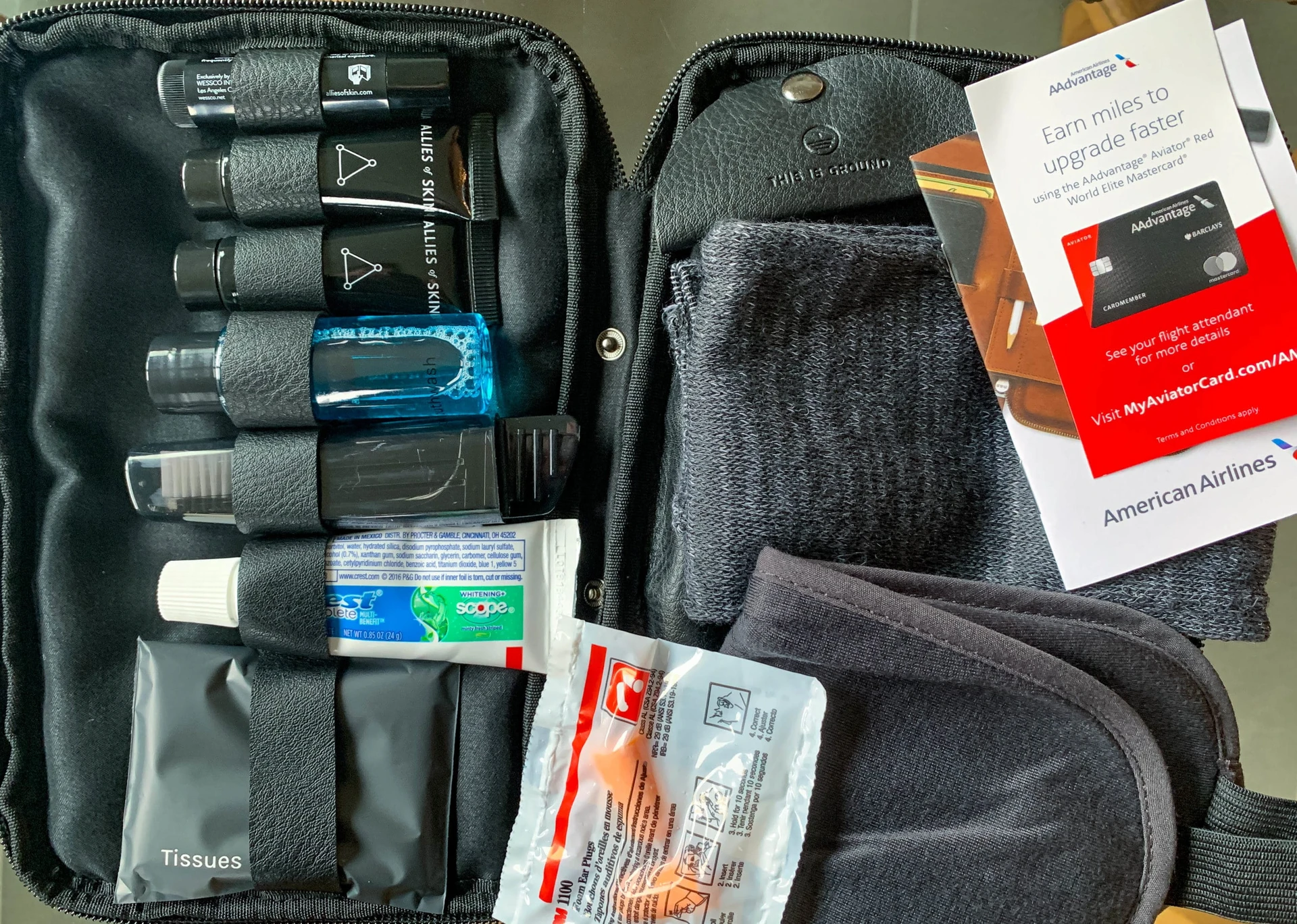 This Is Ground amenity kit on American Airlines in first class on a 777-300ER from HKG to LAX