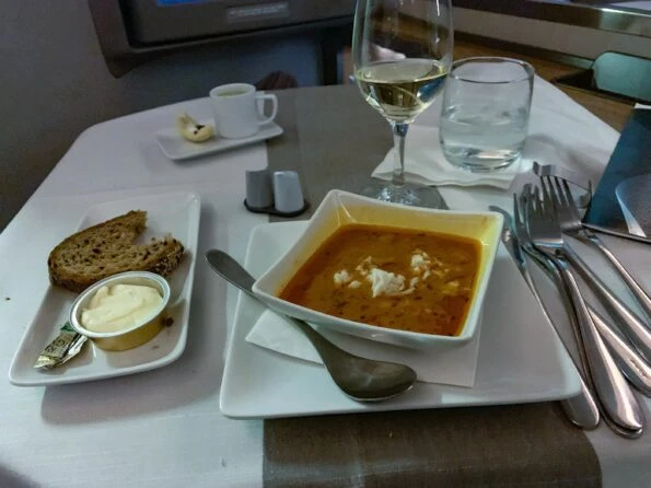 Lobster saffron bisque on American Airlines first class 777-300 from HKG-LAX