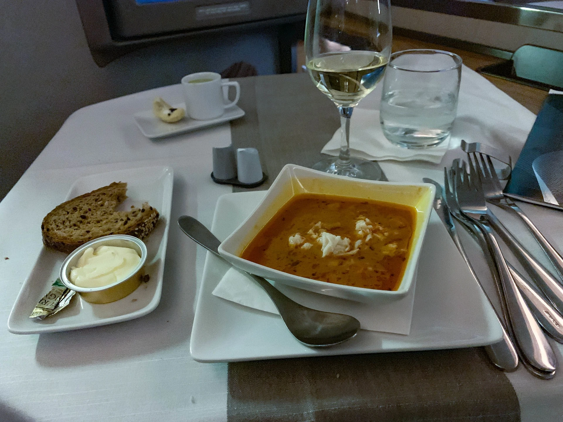 Lobster saffron bisque on American Airlines first class 777-300 from HKG-LAX