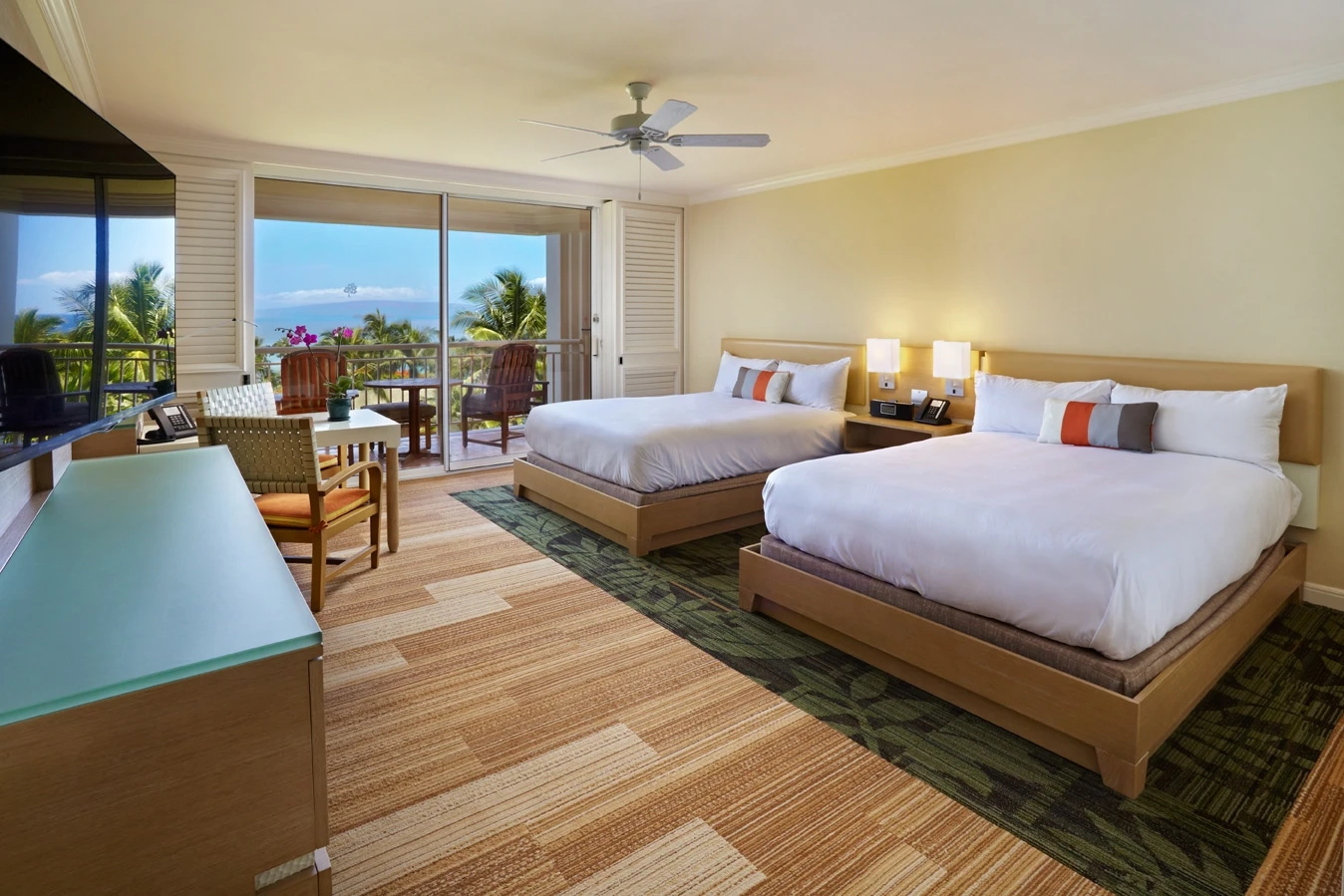 The interior of a two-queen room at Grand Wailea, a Waldorf Astoria Resort.