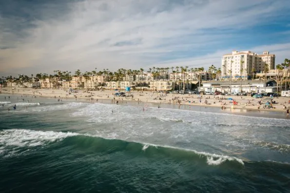 Looking at the Oceanside, CA beach from over the ocean