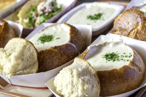 Sourdough bowls full of clam chowder