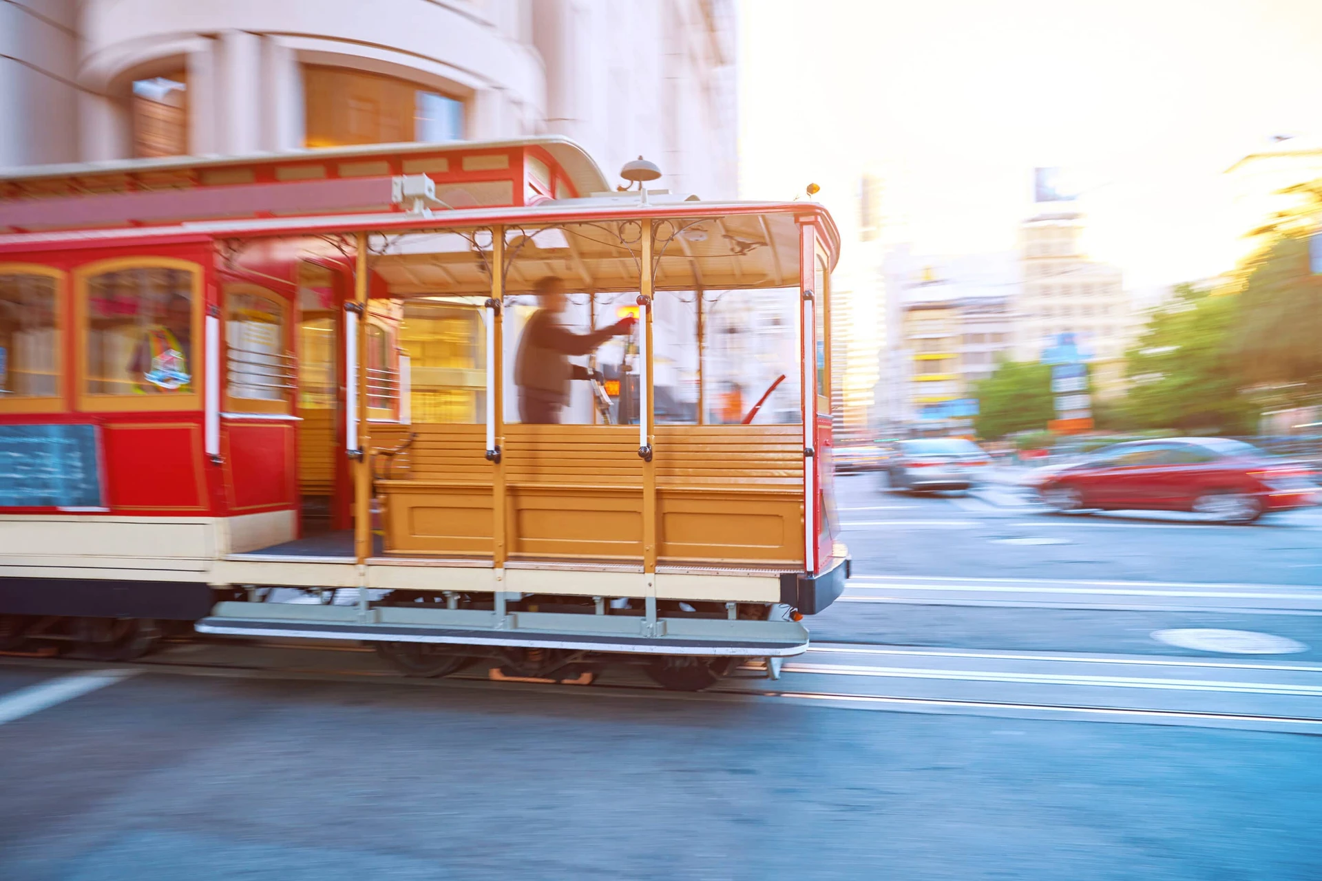 A San Francisco cable car crossing an intersection