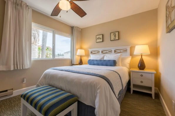 Coastal decor in a bedroom at Southern California Beach Resort