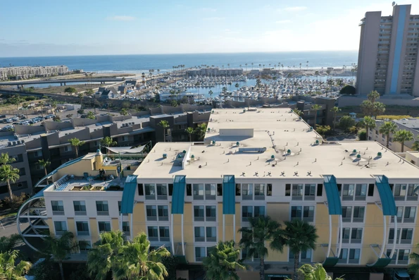 Drone photo of the marina over Holiday Inn Oceanside Marina