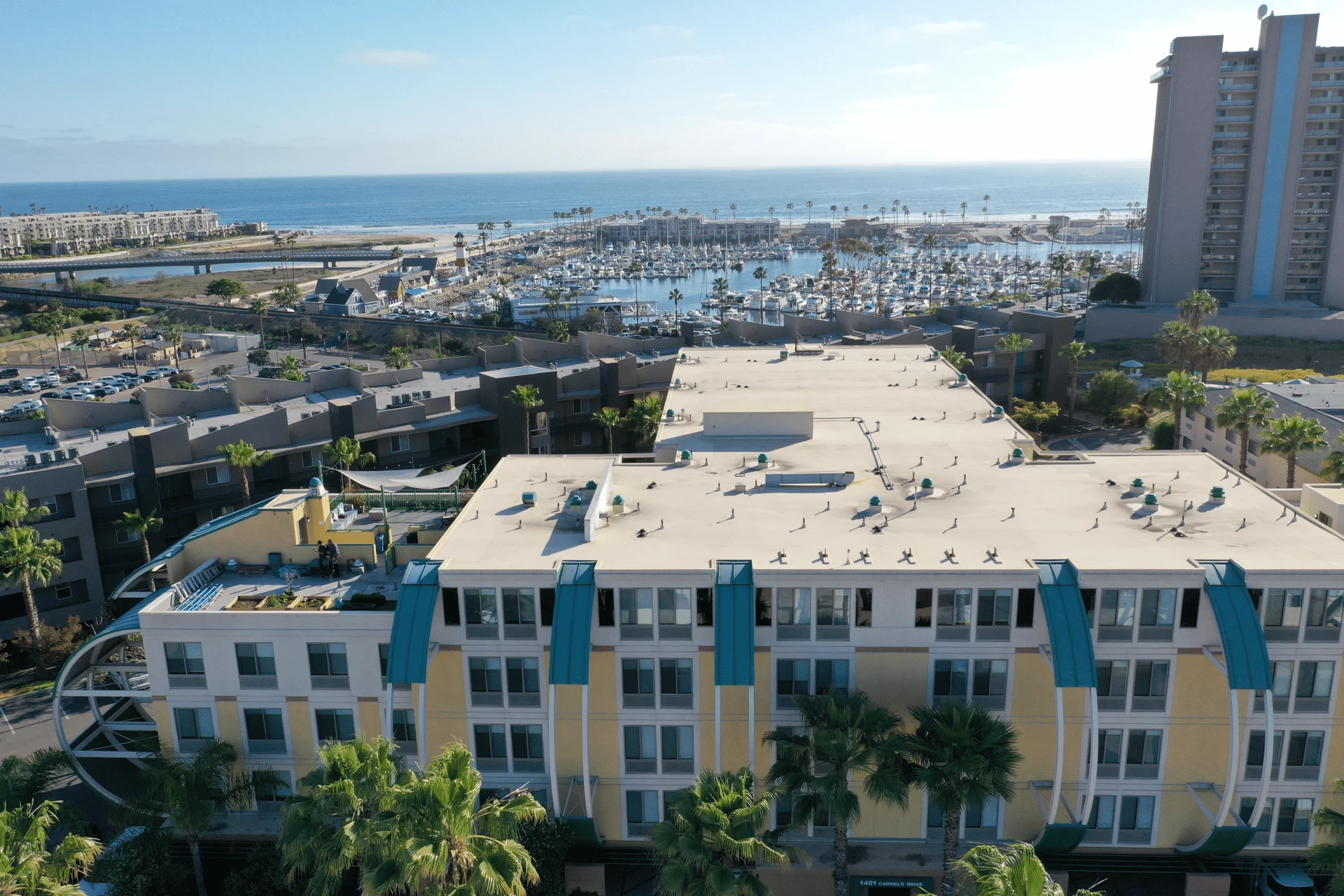 Drone photo of the marina over Holiday Inn Oceanside Marina