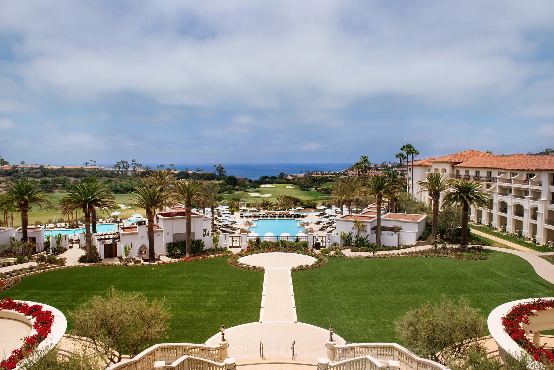 An aerial view over the resort and pool of Monarch Beach Resort