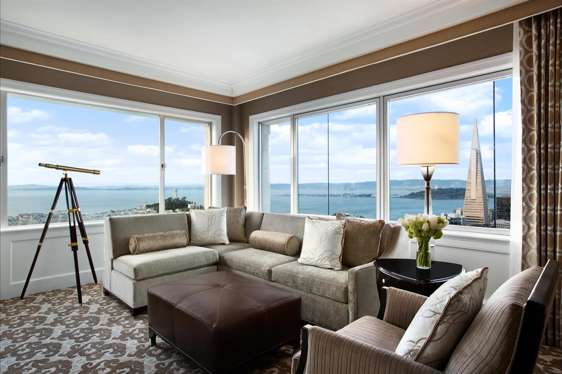 Fairmont San Francisco hotel suite with a view of the bay.