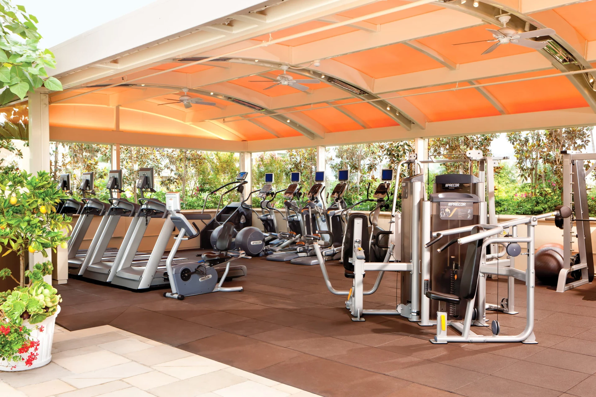 A canopy covers cardio and weight equipment at the open-air fitness center.
