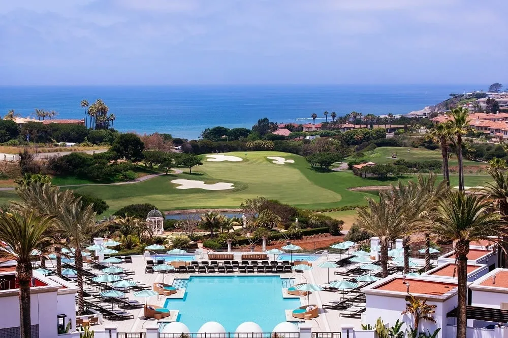 View from the main resort building over the pool to the ocean.