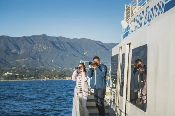 A couple with binoculars and a camera searching for whales on a boat near Santa Barbara.