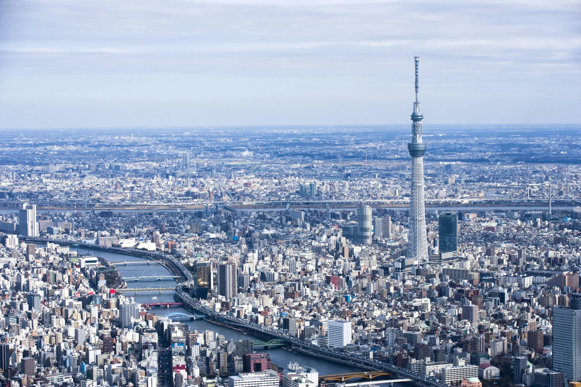 Tokyo Skytree rising above the city near the river. A panoramic view.