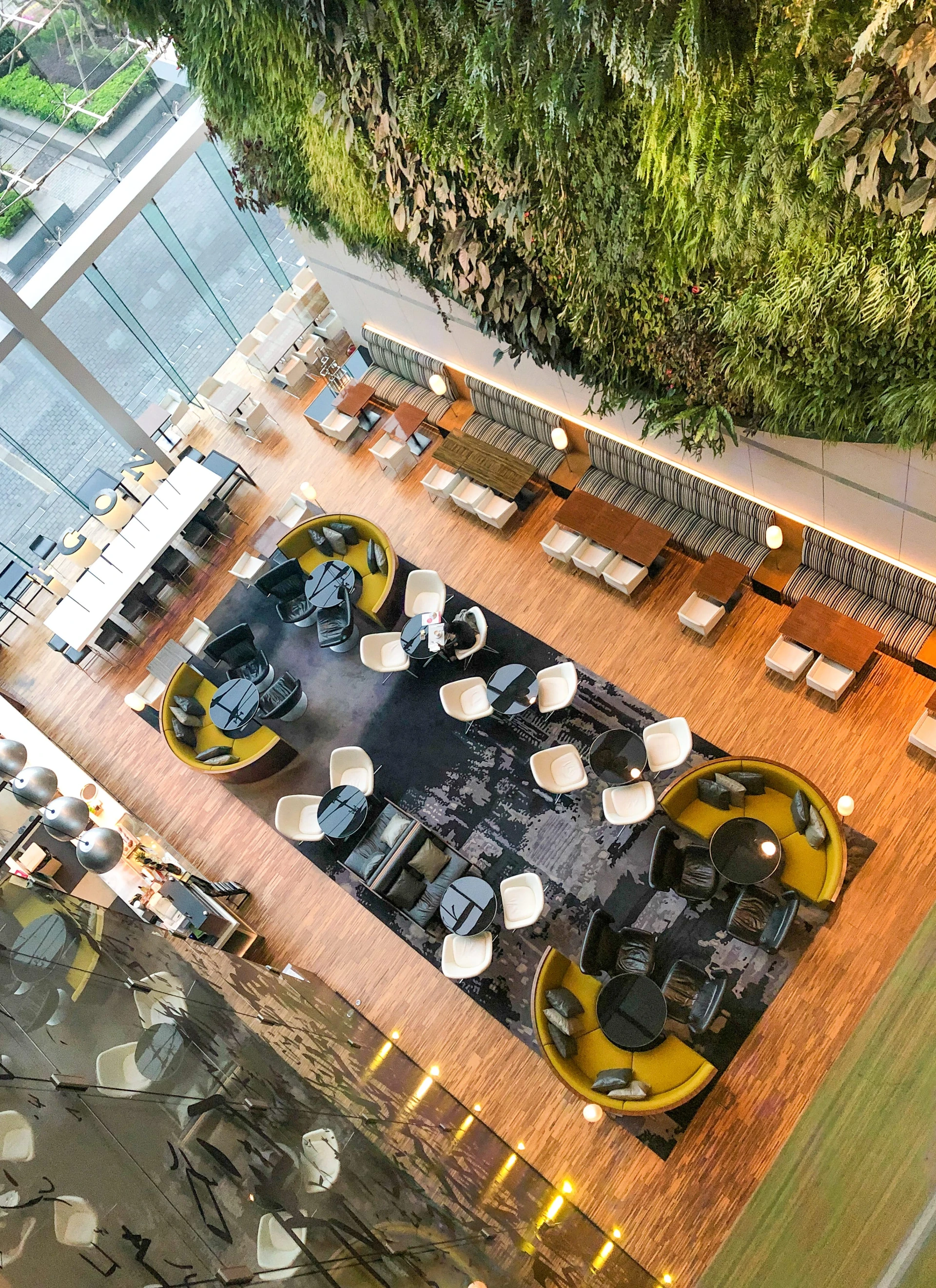 Top down view along the green wall down to the tables at Green.