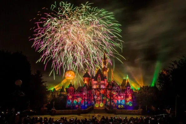 Halloween Screams projections and fireworks over Sleeping Beauty Castle at Disneyland