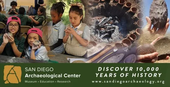 A collage featuring various exhibits including kids making clay artifacts and staff holding up tools from years past.