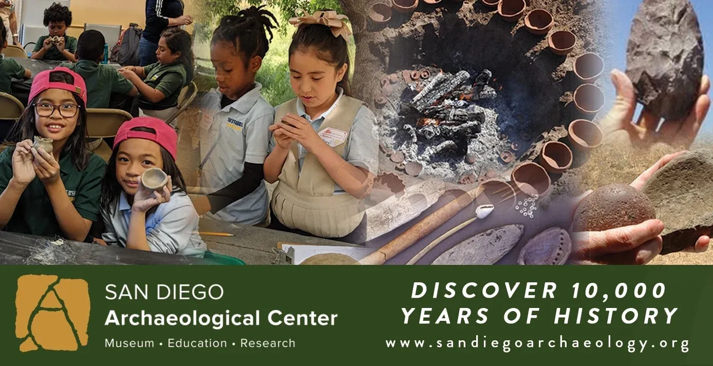 A collage featuring various exhibits including kids making clay artifacts and staff holding up tools from years past.