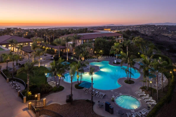 Aerial view of Westin Carlsbad Resort palm tree lined pool with ocean in the distance