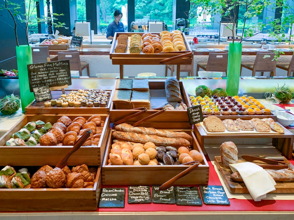 Fresh breads and pastries at the Brasserie breakfast buffet inside Four Seasons Kyoto.