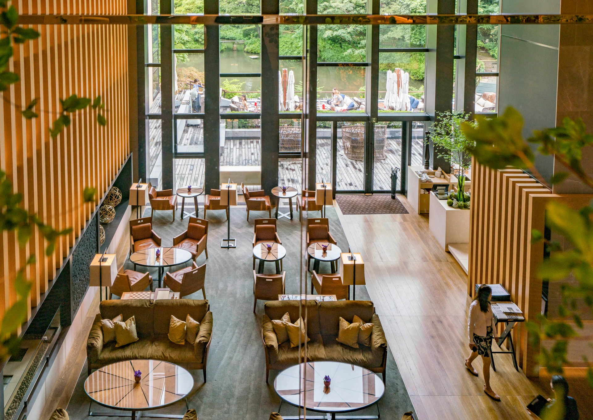 A downward look at the lounge area of Brasserie restaurant out to the waterside terrace.