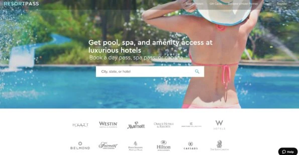 Screenshot of the ResortPass home page which lists popular participating hotel brand logos like Hilton and a search box.