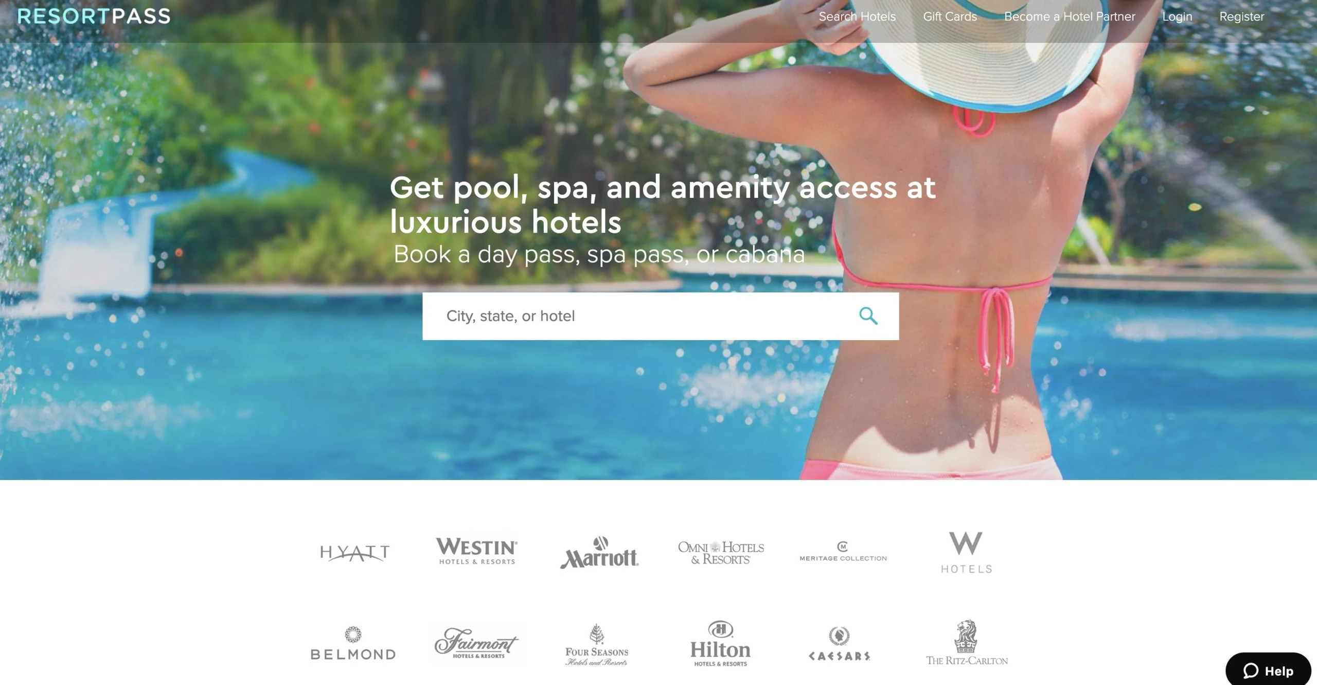 Screenshot of the ResortPass home page which lists popular participating hotel brand logos like Hilton and a search box.