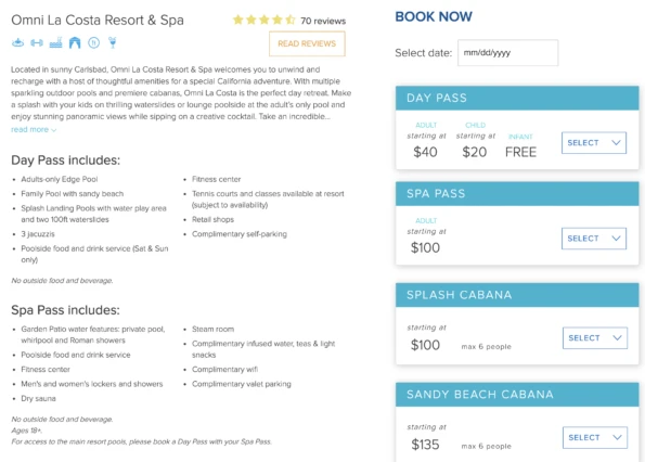 The available options for cabanas and day passes at Omni La Costa Resort and Spa in San Diego.