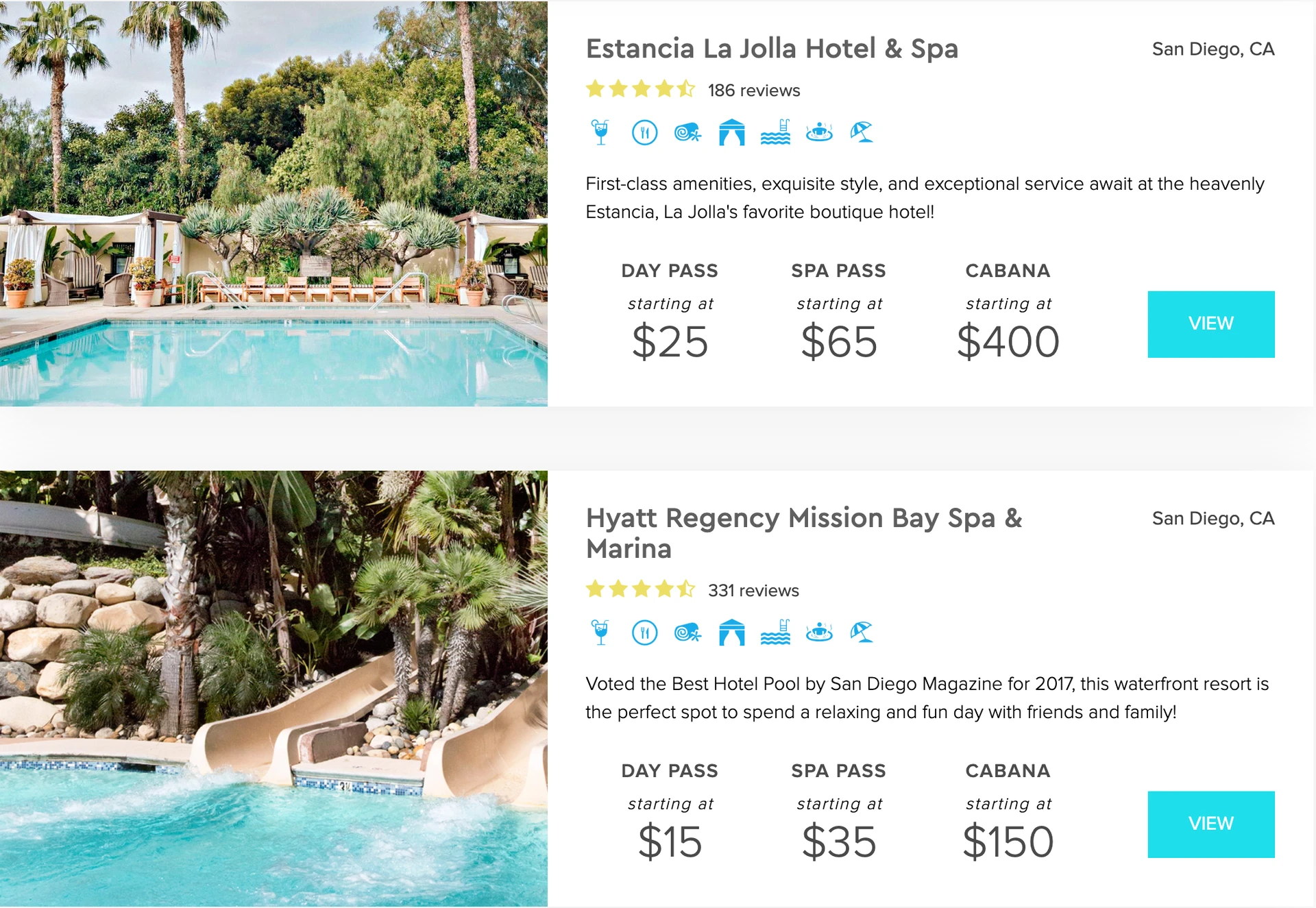 Screenshot of hotels with pools available for day passes that a user sees on ResortPass after searching a city.