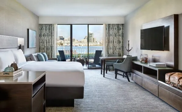 A king room with sofa bed at Coronado Island Marriott that overlooks the San Diego Bay.