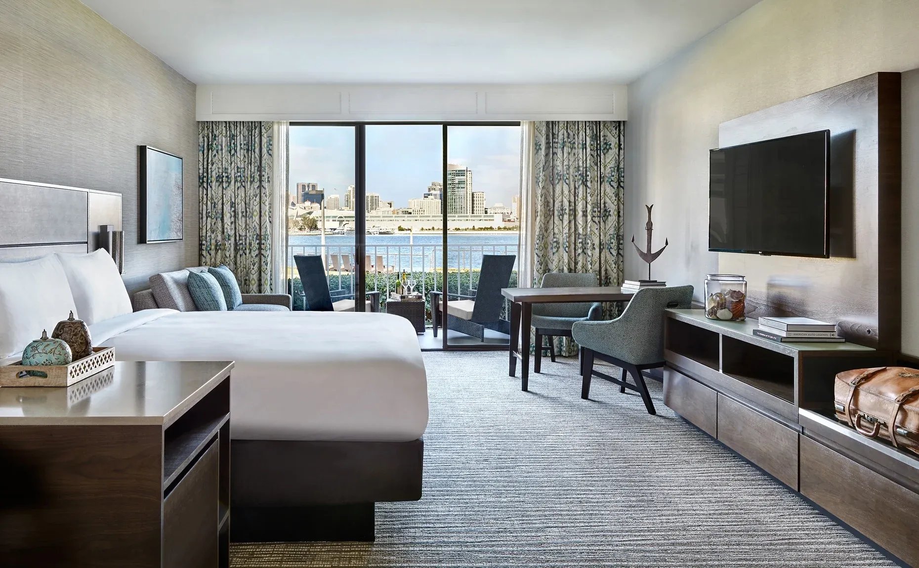 A king room with sofa bed at Coronado Island Marriott that overlooks the San Diego Bay.