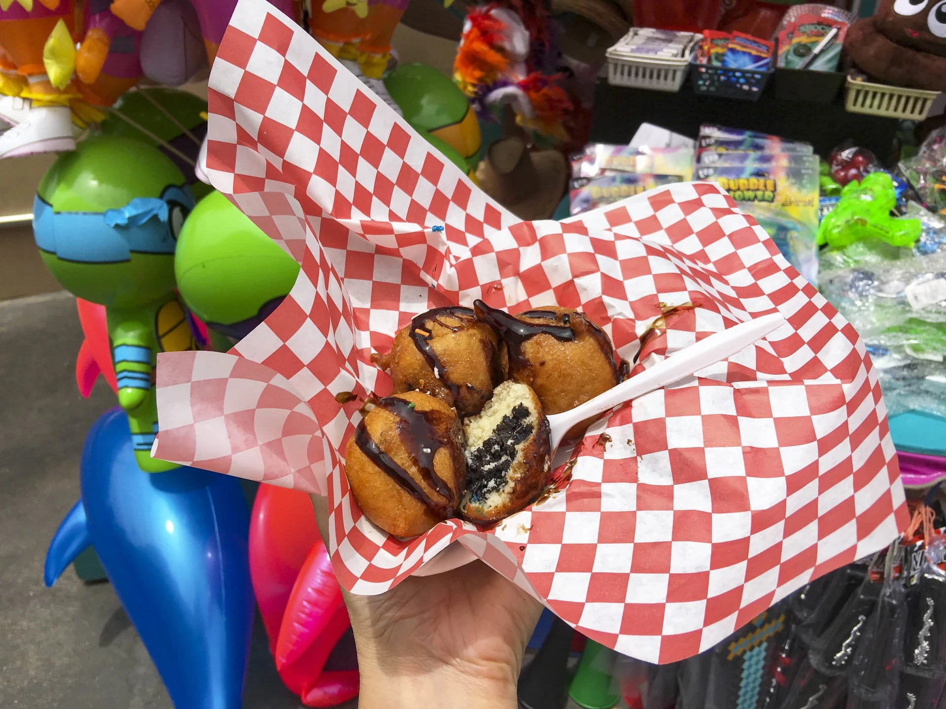 Deep fried Oreos in a paper basket at the Del Mar Fair, one of the most popular things to do in Del Mar in the summer.