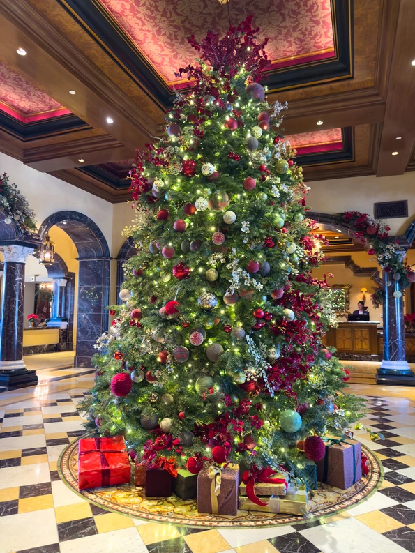 Decorated live Christmas tree in the lobby at Fairmont Grand Del Mar.