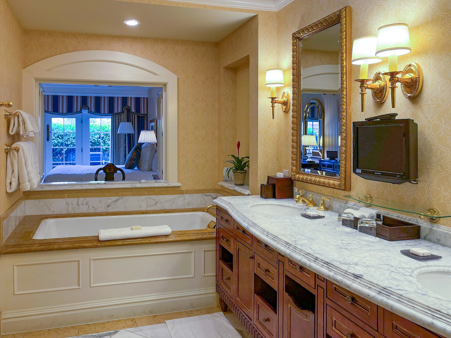 My bathroom overlooking the bedroom through an open window (it closes with shutters).