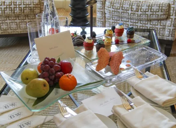 In-room welcome amenities at Beverly Wilshire, a Four Seasons hotel.
